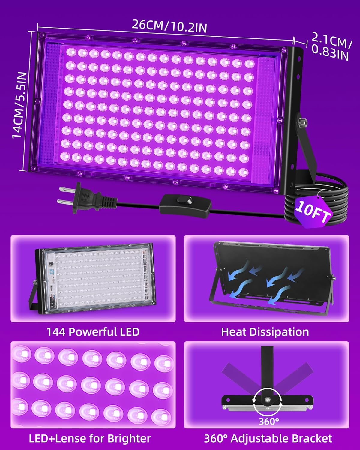 150W LED Black Lights IP66 Waterproof Black Light Outdoor with 10ft Plug+Switch, Flood Blacklight for Halloween Glow in The Dark Party Stage Light Neon Glow Birthday 2 Pack