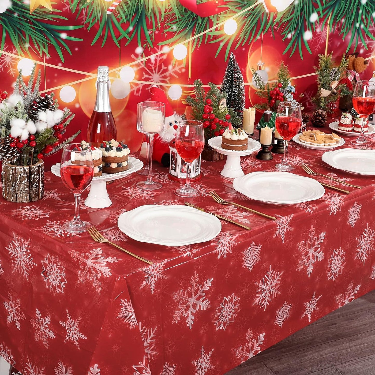 3 Pack Christmas Snowflake Plastic Tablecloth, 54 x 108Inch Red and White Snowflake Table Cloth Disposable Waterproof Winter Snowflakes Table Cover for Winter Holiday New Year Party Supplies Decor