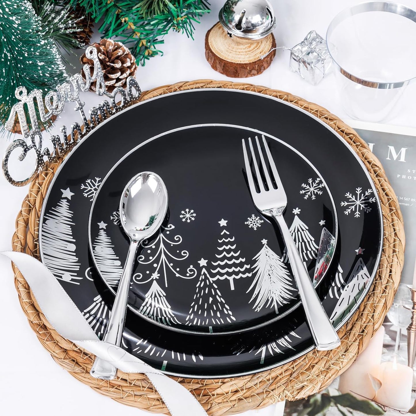 KIRE 150PCS Christmas Plates Disposable & Dinnerware Set for 25 Guests - Black & Silver Plates, Plastic Silverware & Cups With Silver Rim for Christmas Party Supplies