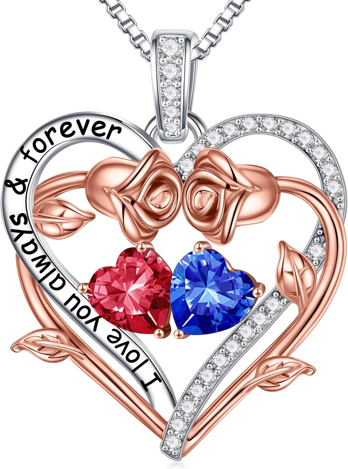 Iefil Rose Heart Double Birthstone Necklace Gifts for Wife Her Mom Women, Birthstone Jewelry Gemstone Birthday Gifts for Girlfriend Grandma Her Wife Women