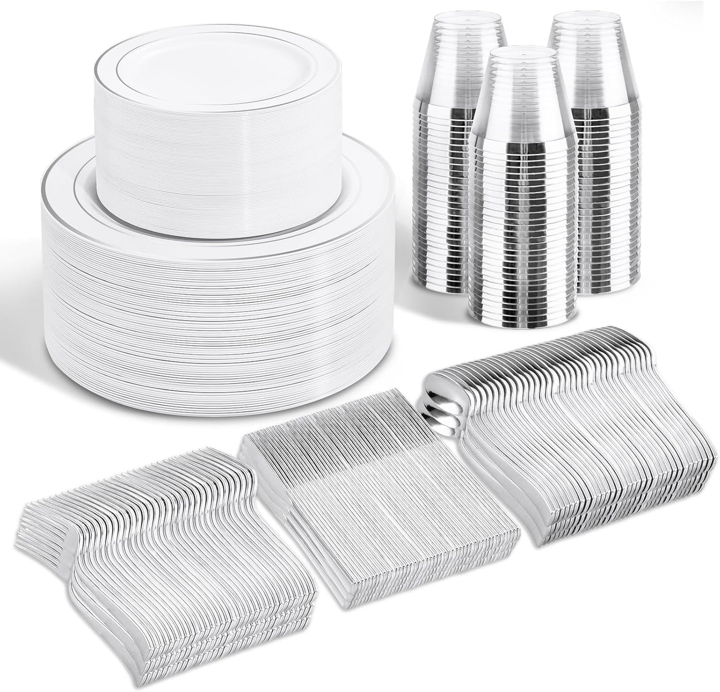 WELLIFE 300Pcs Silver Elegant Plastic Dinnerware Set for 50 Guests - Premium Disposable Party Supplies Includes Dinner Plates, Salad Plates, Cups & Flatware Set for Wedding, Anniversary, Banquet