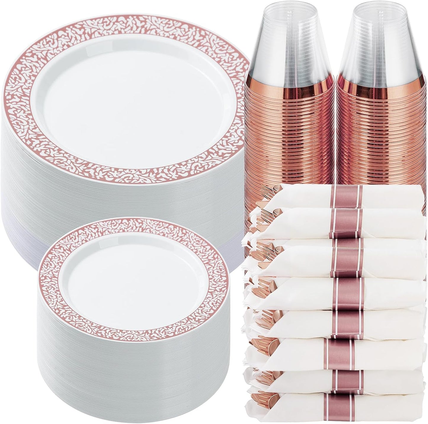 Goodluck 350 Piece Rose Gold Plastic Dinnerware Set for 50 Guests, Disposable Lace Plates for Party, Include: 50 Rose Gold Party Plates, 50 Dessert Plates, 50 Pre Napkins with Silverware, 50 Cups