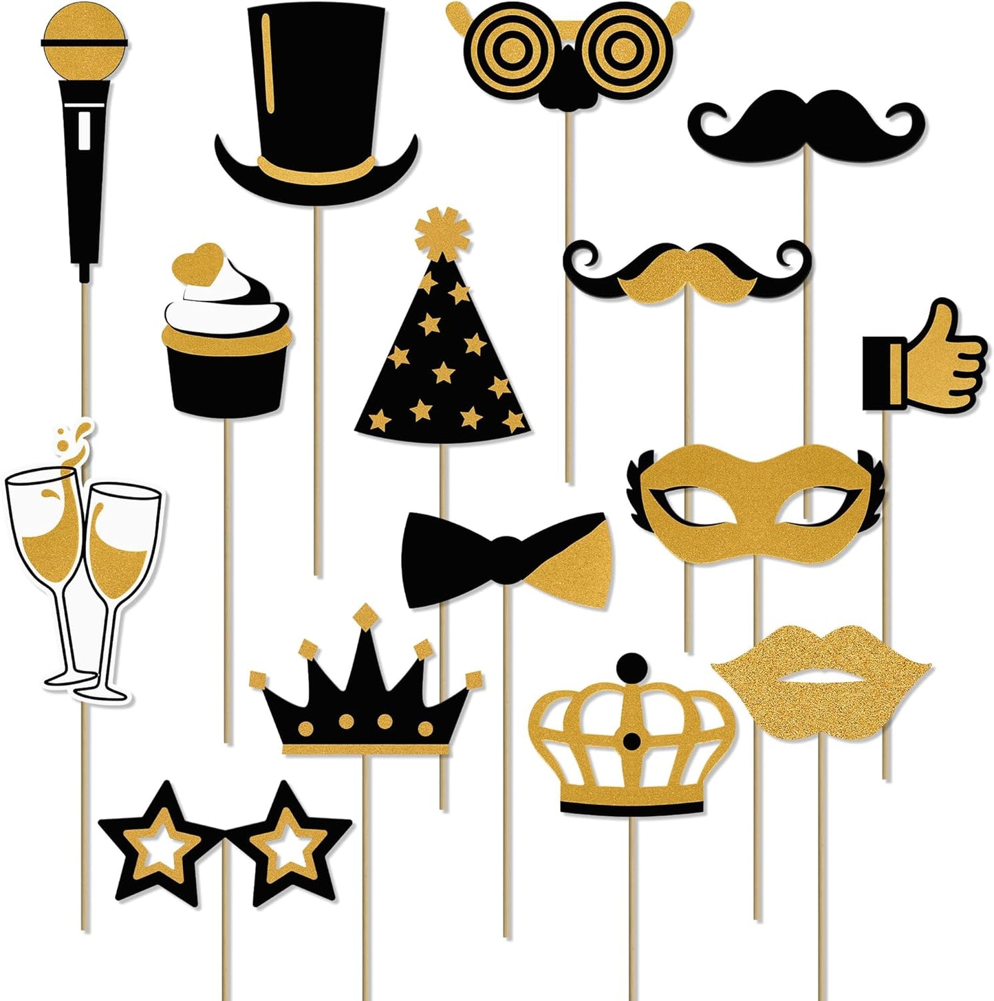 Photo Booth Props, Kaluofan 24PCS Photobooth Props, Funny Photo Props Party Props Accessories for Adults and Kids, Photo Booth Props for Wedding Birthday Christmas New Year‘s Eve(Black+Gold)