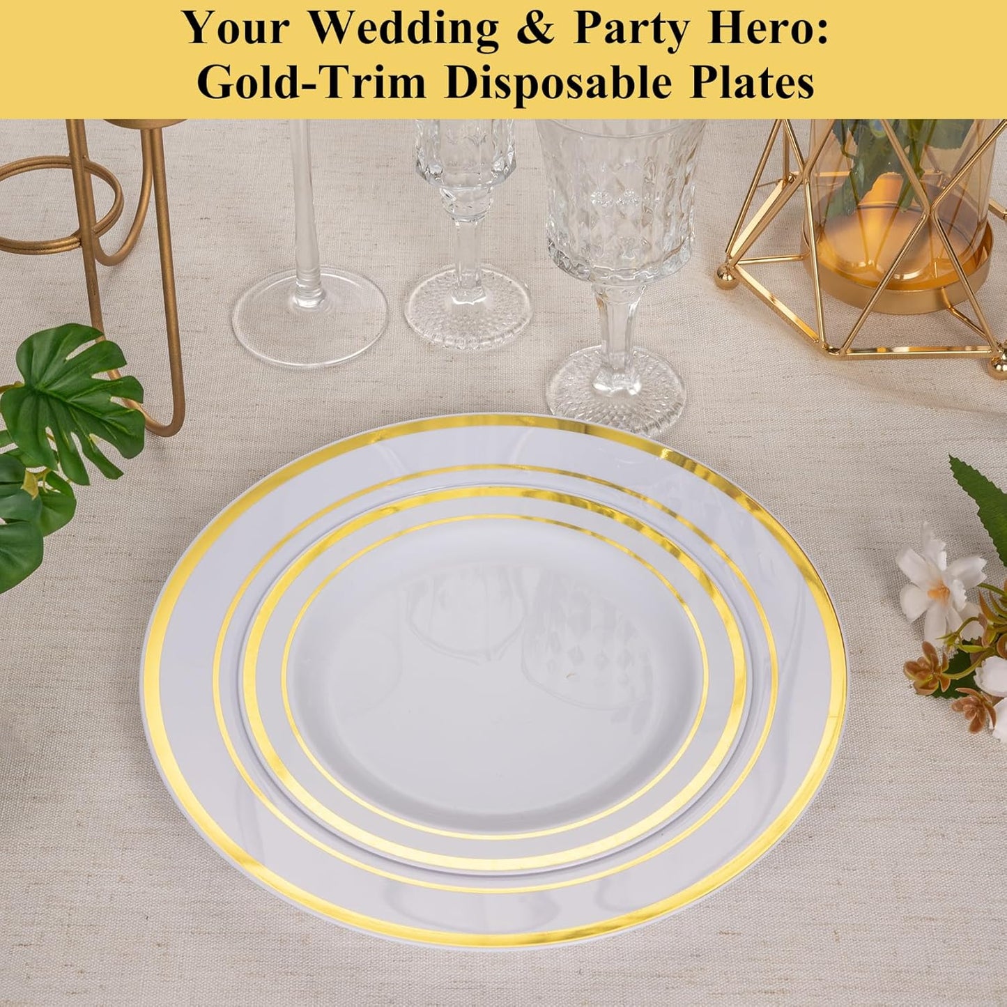 Goodluck 100PCS Gold Plastic Plates, 10.25 Inch Dinner Plate with Gold Rim, Heavy Duty Disposable Plastic Plates for Party, Wedding, Birthday & Daily Use