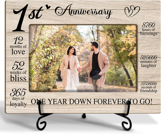 1st Anniversary Picture Frame, One Year Romantic Wedding Valentines Gifts For Boyfriend Girlfriend Husband Wife, 4x6 Wooden Picture Frame Tabletop Display Home Decor -01