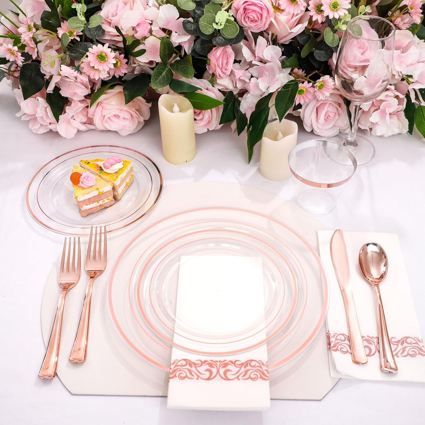 DaYammi 350Pcs Rose Gold Dinnerware Set Include: 50 Dinner Plates 10.25’’,50 Dessert Plates 7.5’’,50 Rose Gold Cutlery,50 Disposable Cups 9 OZ with 50 Napkins for Party