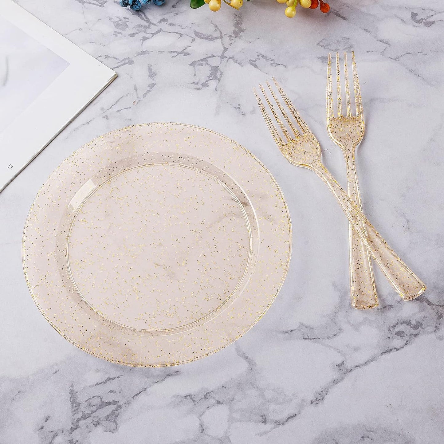 Goodluck 240PCS 7" Gold Glitter Dessert Plastic Plates with 7.4" Forks, Gold Appetizer Plates for 120 Guests, Including 120 Disposable Cake Plastic Plates and 120 Forks for Wedding/Birthday Party