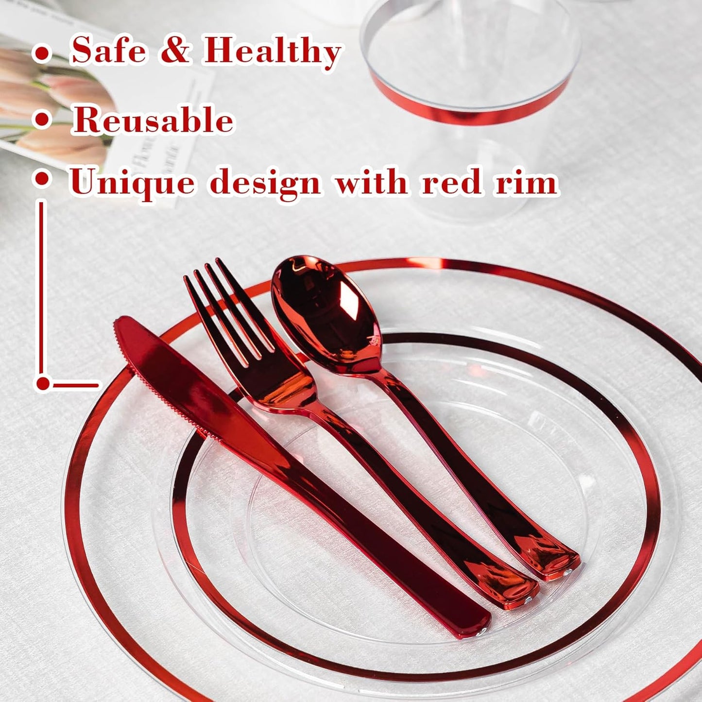 N9R 600PCS Clear and Red Disposable Plates, Heavy Duty Plastic Dinnerware Set for 100 Guests Includes 100 Dinner & Dessert Plates, Cups, Spoons, Forks, and Knives, Perfect for Parties, Weddings