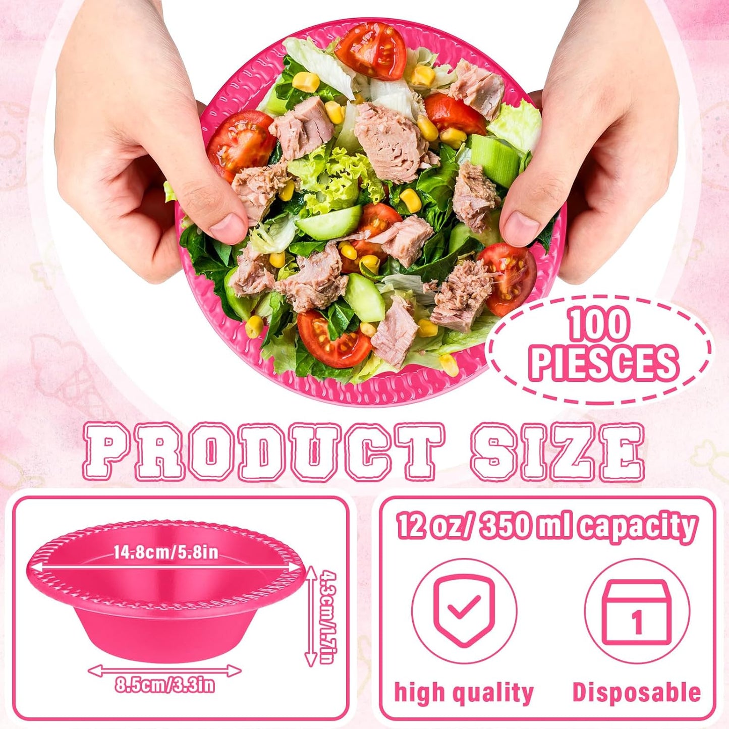 Lallisa 100 Pcs 12oz Hot Pink Disposable Plastic bowls Dessert Cups Ice Cream Snack Salad Soup Food Serving Bowls for Party Favor Picnic
