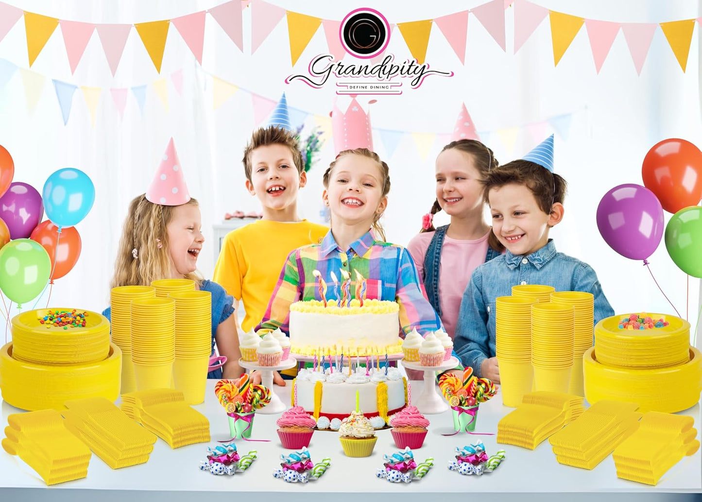 Grandipity 720 Piece Yellow Disposable Dinnerware Set, Plastic Dinnerware Set Includes 120 Count 9' Dinner Plates, 7' Dessert Plates, 12oz Cups, Forks, Knives & Spoons