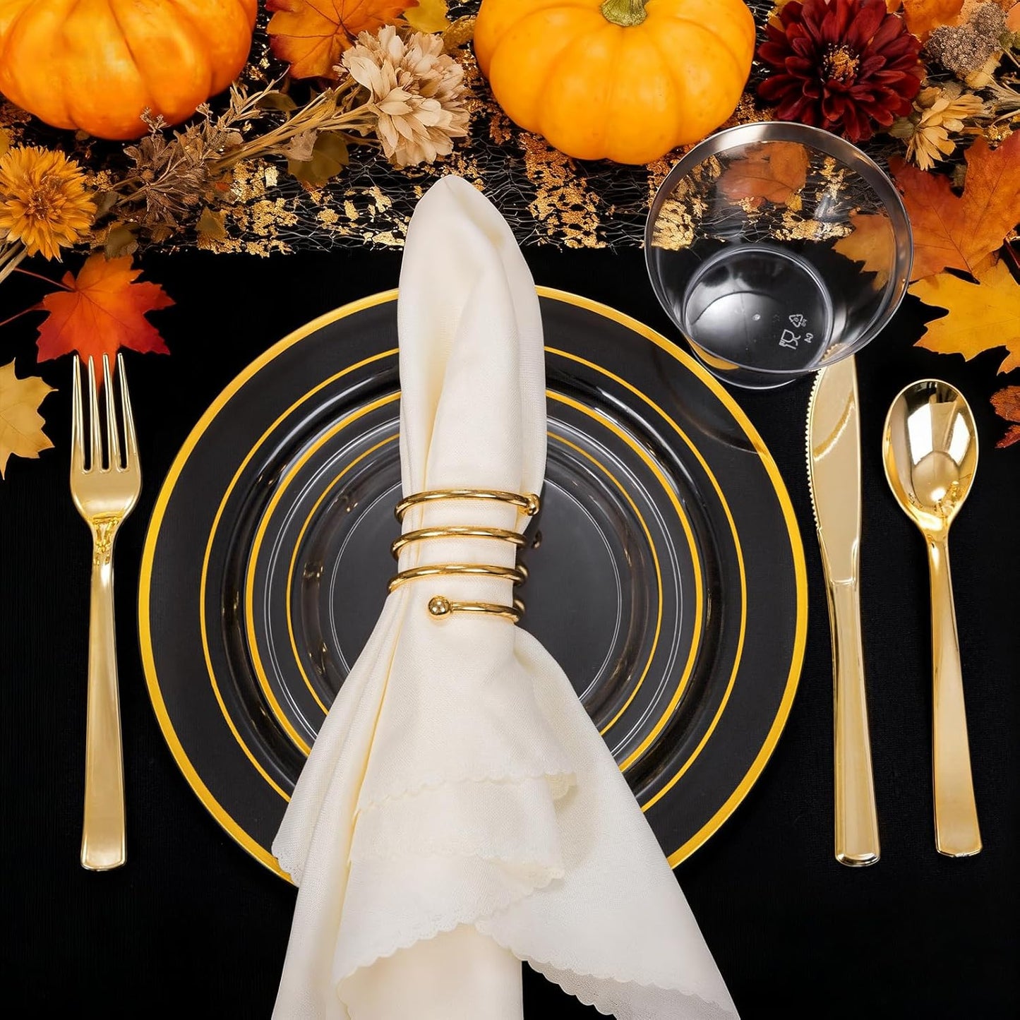 WELLIFE 600pc Gold Trim Plastic Dinnerware Set for Party: 100 Dinner Plates, 100 Dessert Plates, 300 Cutlery