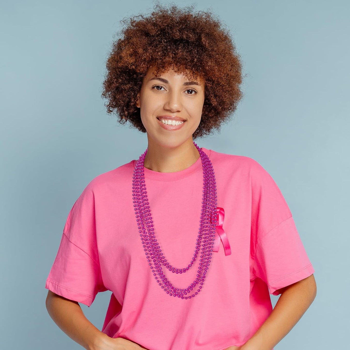 12 PCS Rosered Beads Necklaces, Breast Cancer Awareness Accessories, 33" Mardi Gras Beads Bulk, Round Christmas Necklace for Wedding Holiday Events Parade Pirate Party Favors Decorations