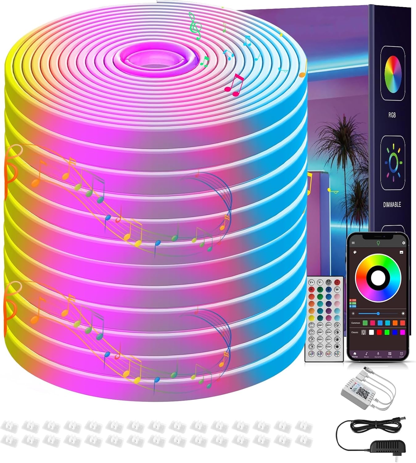 50FT RGB Neon Rope Lights, Outdoor Led Strip Lights Waterproof IP67 with Remote and App Control, Flexible Led Rope Lights, Music Sync Led Lights for Bedroom, Gaming, Outdoors Decor (1 Roll)