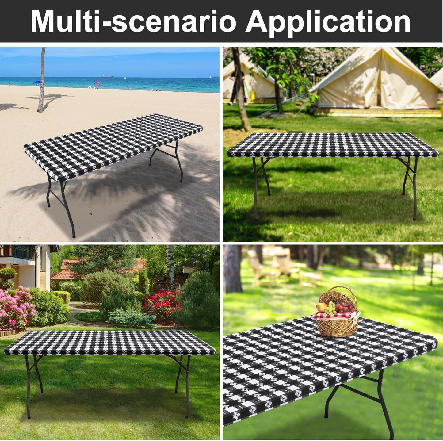 Rectangle Vinyl Table Cloth, Waterproof Elastic Fitted Tablecloth with Flannel Backing, Plastic Table Cover for Picnic, Camping, Outdoor (Black & White, 30"x72")
