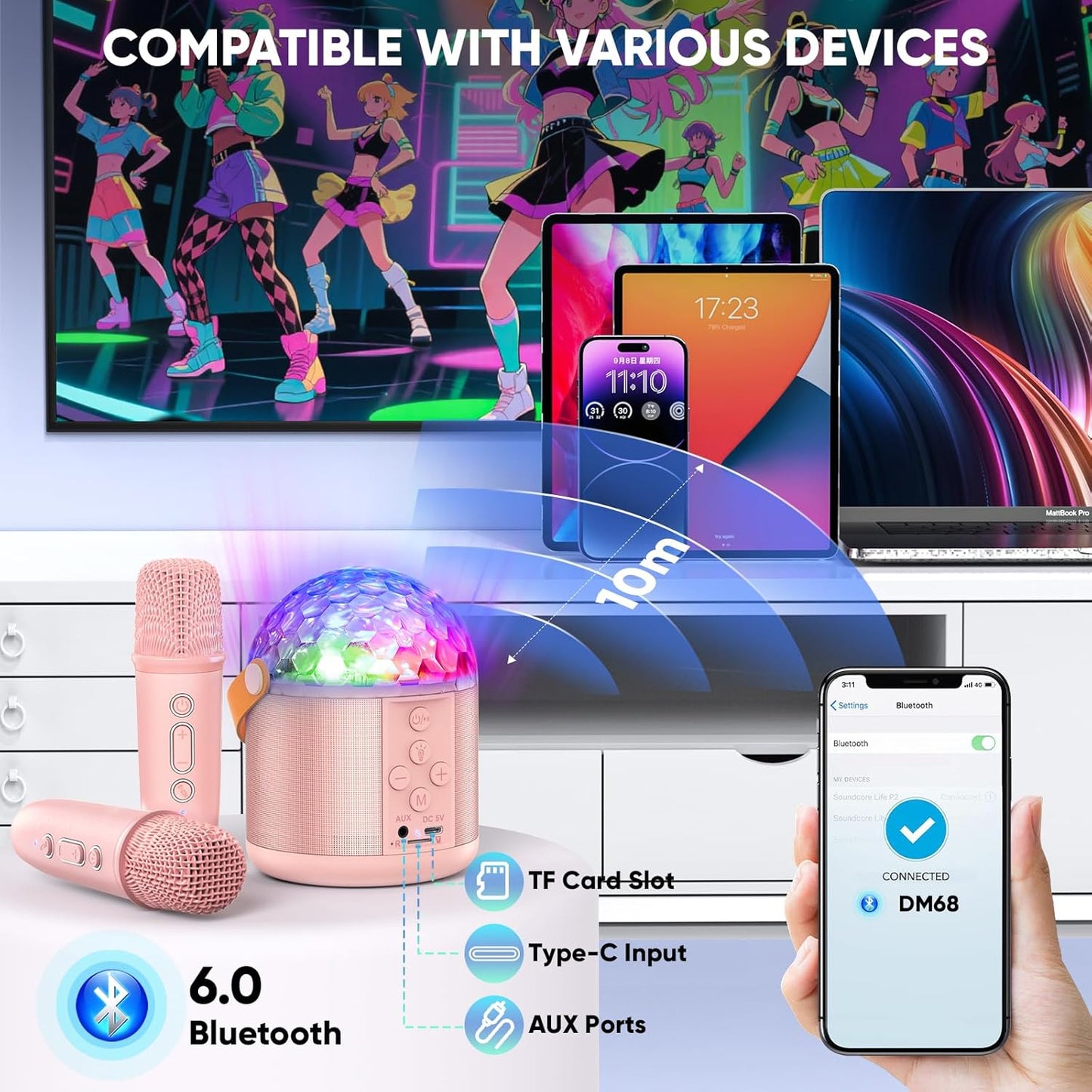 Karaoke Machine with Disco LED Lights for Adults Kids, Portable Bluetooth Speaker with 2 Wireless Microphone Xmas Toys Gifts for Girls Boys Birthday Family Home Party