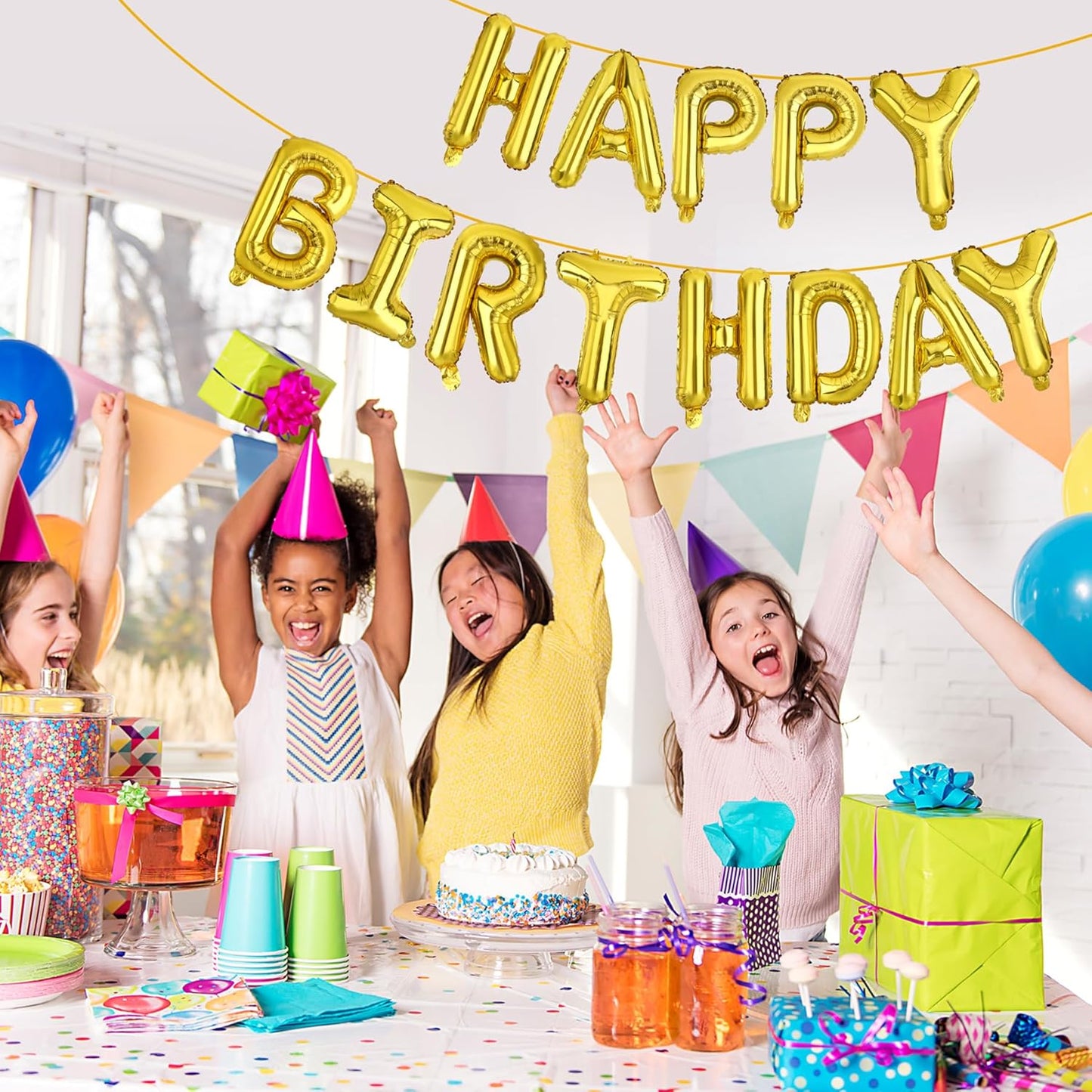 LIOZEOKUN Happy Birthday Balloon Letters 16 inch Mylar Foil Birthday Balloons Banner Sign for Birthday Party Decorations Supplies (Gold)