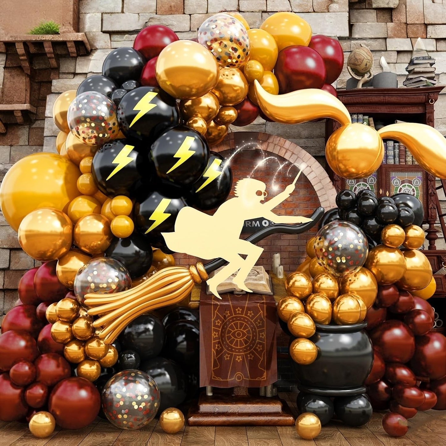 144PC Magic Balloons Arch Kit, Burgundy Black Gold Balloon Garland with DIY Broom Golden Sphere Foil Balloons, Maroon Mustard Yellow Confetti Balloon for School Birthday Decorations Party