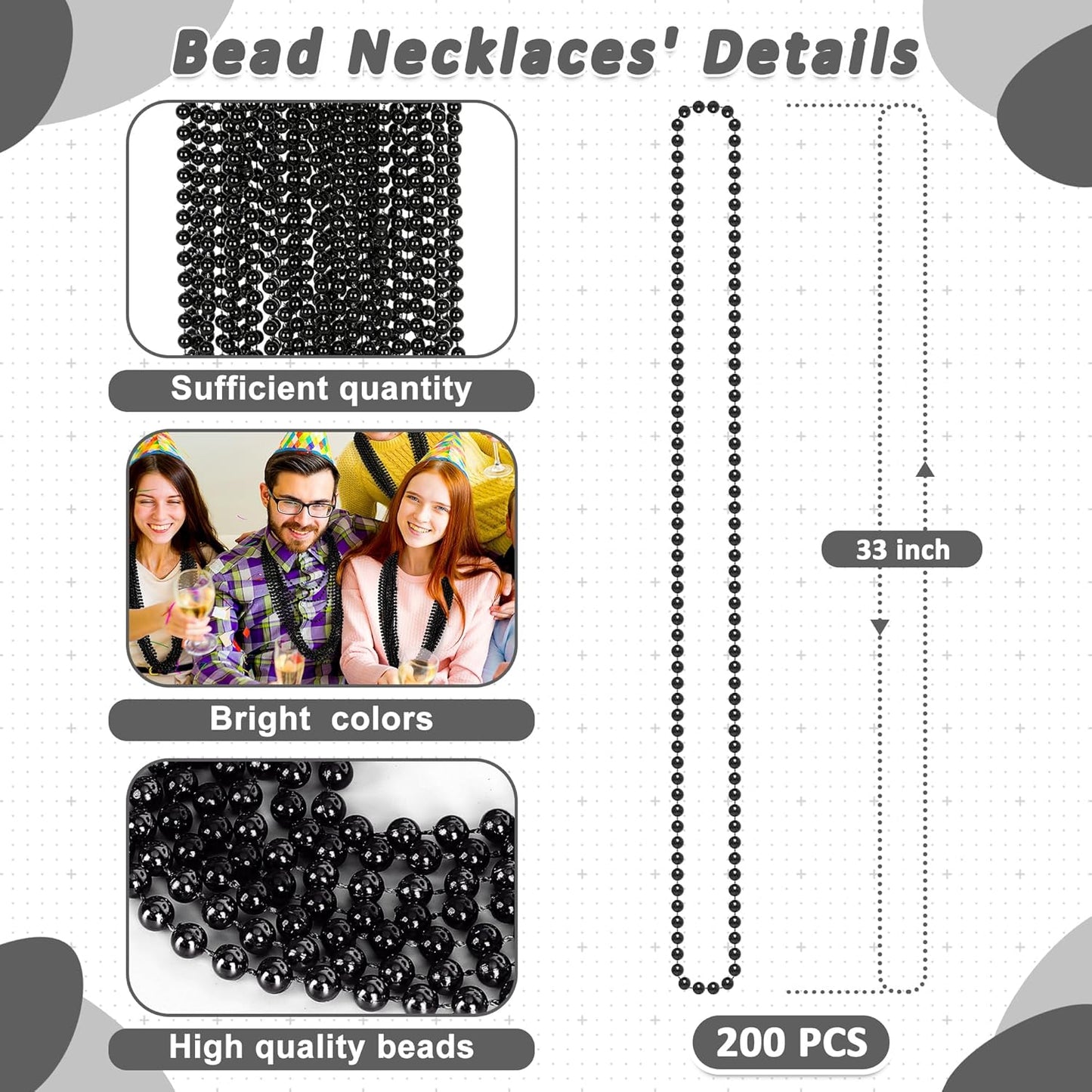 200PCS Beaded Necklace, 33" Mardi Gras Beads, Black Bead Necklace, Mardi Gras Accessories Throw Beads Bulk Party Favors Supplies Decorations for Parade Event Festival Christmas Pirate