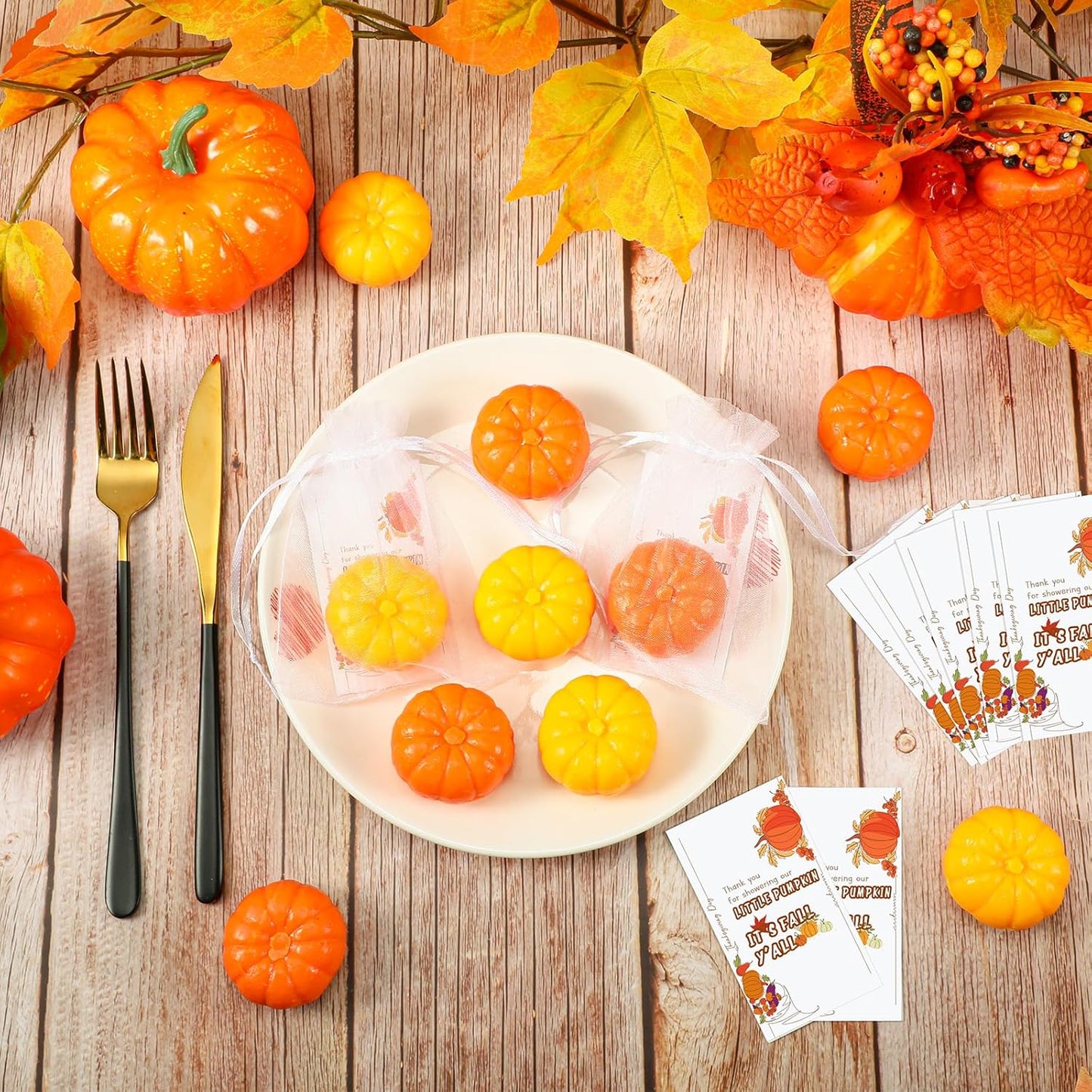 Liliful 50 Sets Pumpkin Soap Baby Shower Favors Thanksgiving Fall Favors for Bridal Shower Wedding Party Decorations 50 Little Pumpkin Soaps 50 Thanks Cards 50 Organza Bags Gender Reveal Gift(Orange)