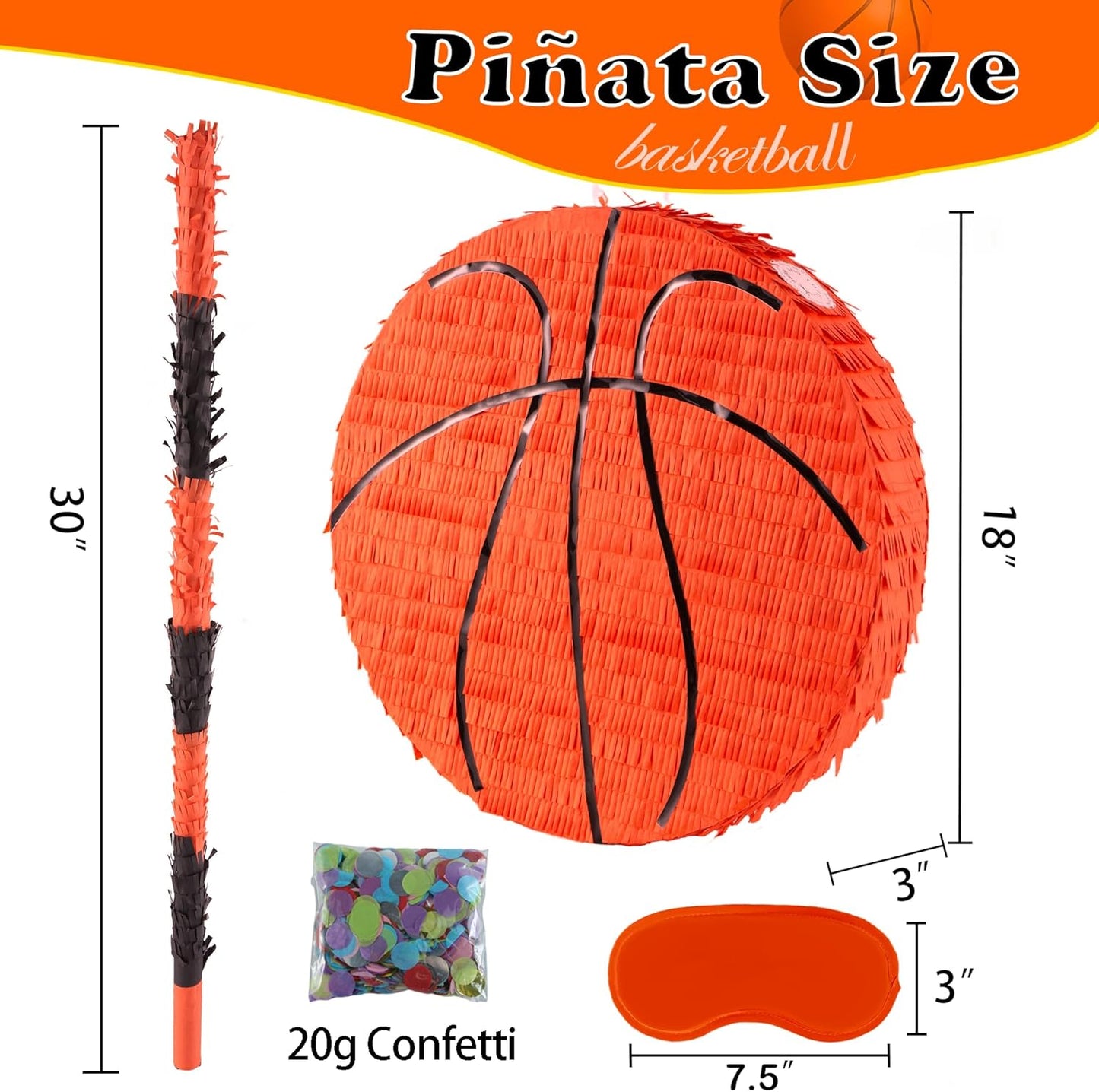 PCFING 18 Inch Basketball Piñata with 30 Inch Piñata Stick Blindfold Confetti for Boys Girls Adults Birthday Party Game Decorations, Anniversary Celebration, Fiesta