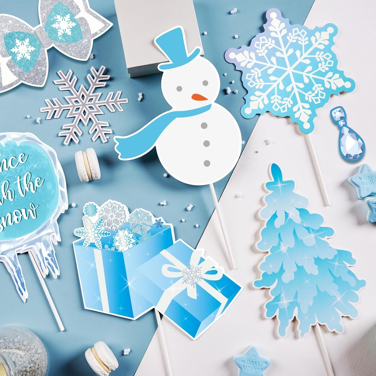 SUNBEAUTY 36 PCS Winter Wonderland Photo Booth Props Frozen Party Decorations Snow White Photo Booth Props for Winter Birthday Theme Party Holiday Christmas Party Supplies