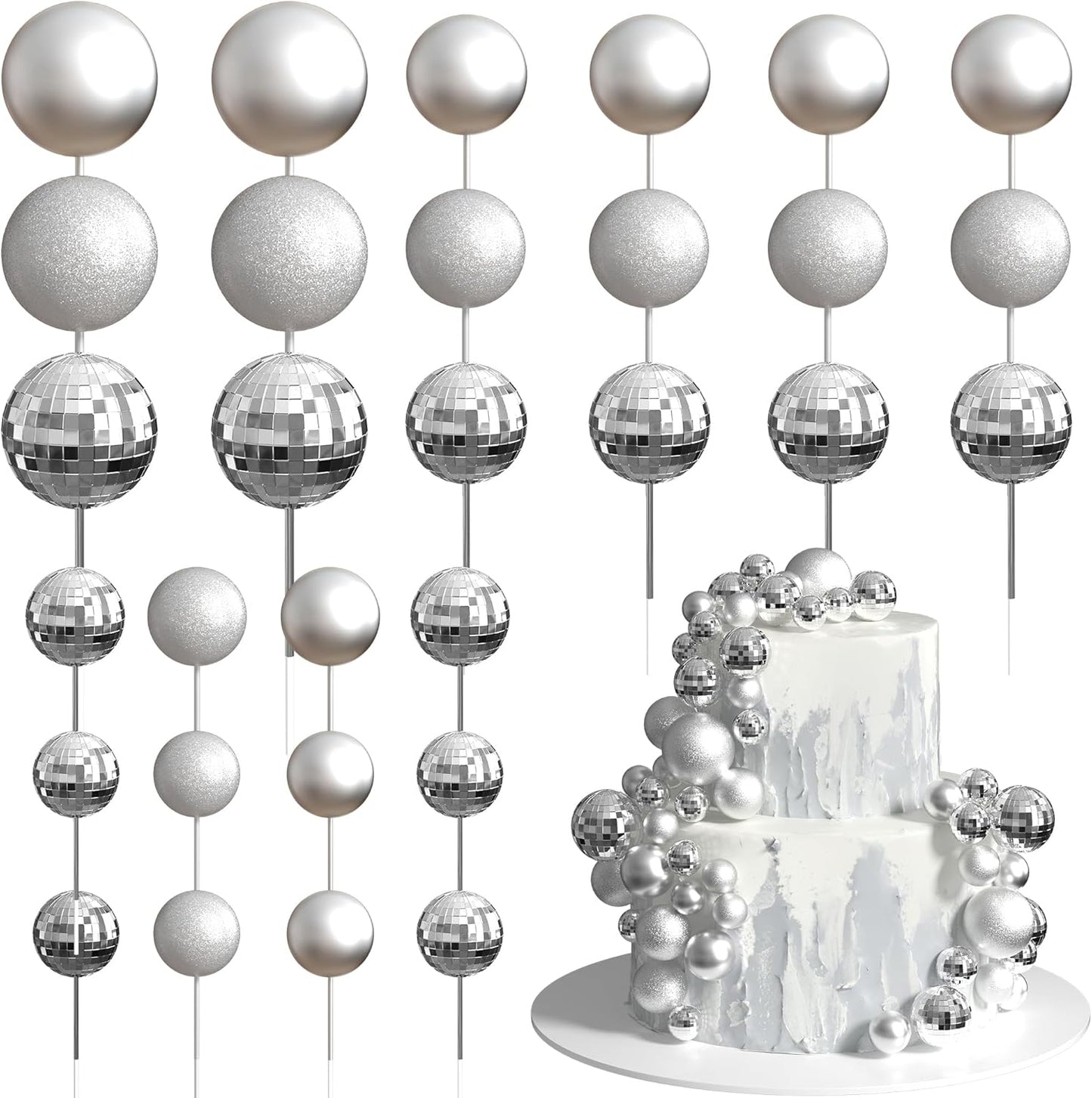 36 Pack Balls Cake Topper Decorations Foam Balloons Cake Decorations Sticks Mini Balloons Cake Toppers Balls Cake Picks for Baby Shower Wedding Anniversary Birthday Party Decorations Light Silver