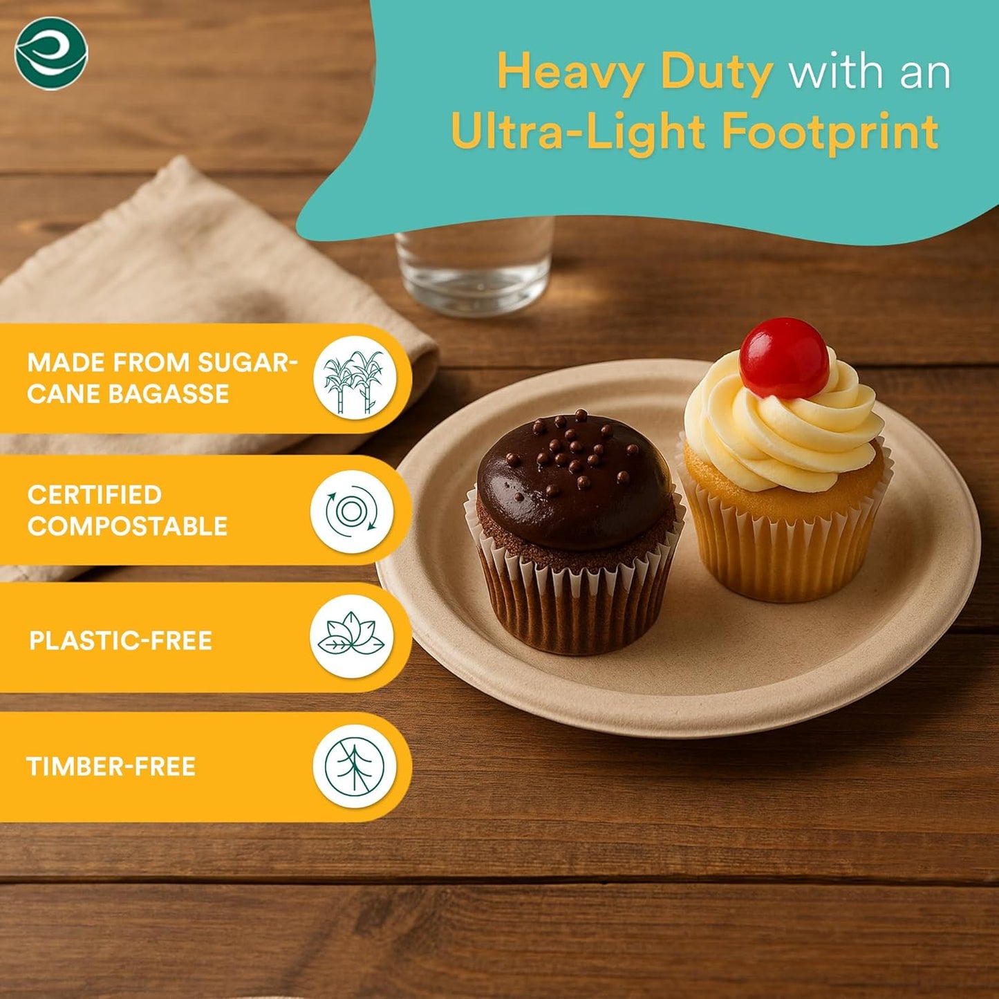 ECO SOUL Compostable Paper Plates 6 Inch (500 Count) Heavy Duty Disposable Dessert Plates, Eco-Friendly Sugarcane Bagasse Small Plates For Appetizer- Natural Brown