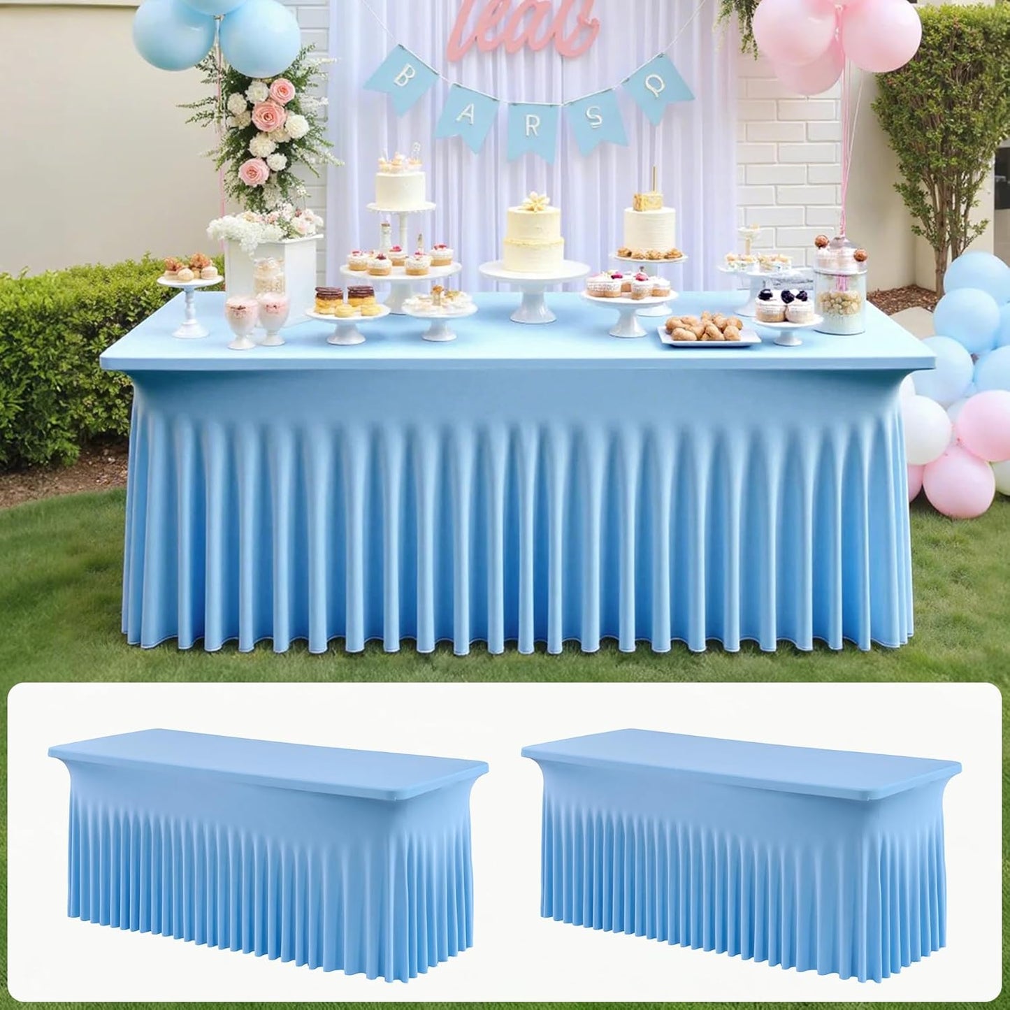 2 pk Baby Blue Spandex Tablecloth 6ft With Ruffle Table Skirt, Wrinkle Free Stretchy Fitted Tablecloths for 6 Foot Rectangle Tables, Elastic Spandex Table Covers for Weddings Parties Banquet Craft