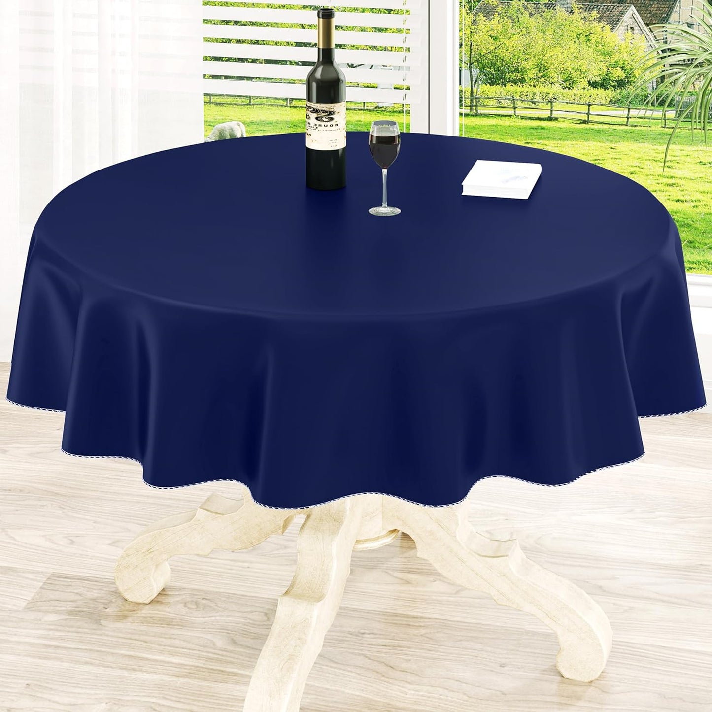 homing Round Vinyl Tablecloth, Waterproof Spillproof Plastic Flannel Backed Table Cloth, Wipe Clean Table Cover for Dining, Buffet Parties and Camping (Navy Blue, 60")