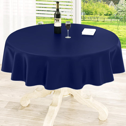 homing Round Vinyl Tablecloth, Waterproof Spillproof Plastic Flannel Backed Table Cloth, Wipe Clean Table Cover for Dining, Buffet Parties and Camping (Navy Blue, 60")