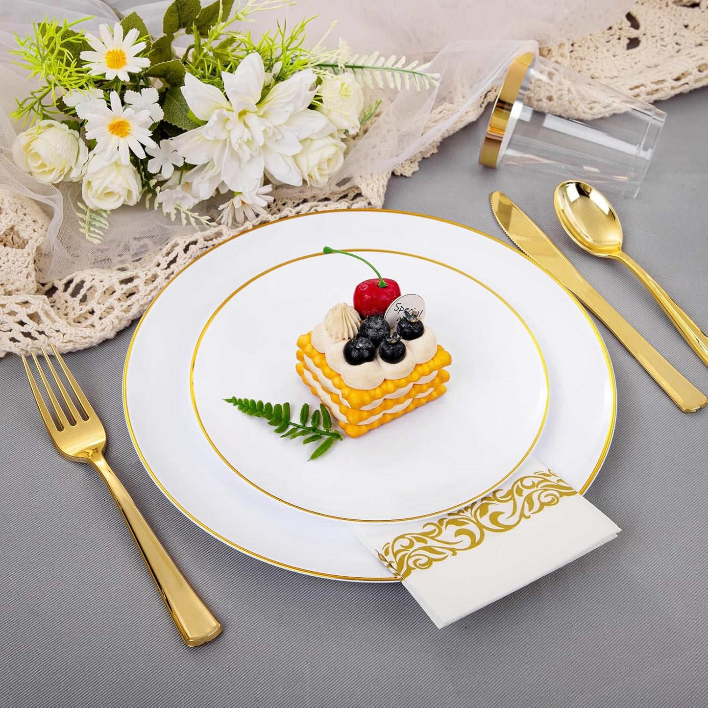 Supernal 350pcs White and Gold Plastic Plates,Gold Plastic Dinnerware for 50 Guests Include 100 White Disposable Plate, 150 Gold Silverware Set, 50 Disposable Cups, 50 Napkins