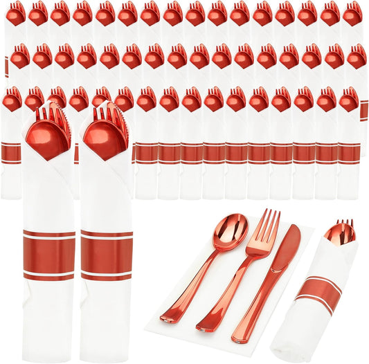 Goodluck 50 Set Red Pre Rolled Plastic Cutlery Set, Wrapped Silverware Set with 50 Forks, 50 Knives, 50 Spoons and 50 Napkins, Perfect for Party, Wedding, Christmas,Valentines
