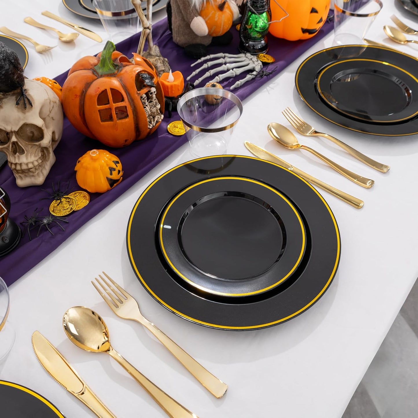 SUT 350-Piece Black and Gold Disposable Plates - Elegant Plastic Dinnerware for 50 Guests, Includes Cups & Napkins | Durable Leak-Proof Design for Weddings, Birthdays, Holidays