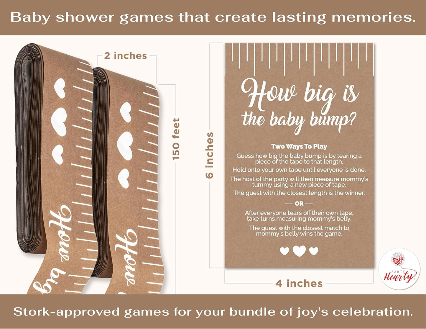 Party Hearty Funny Baby Shower Games for Girl or Boy Activities, 2 Rolls, 2 inches x 150 feet, Kraft Tummy Measure, Fun & Easy Idea