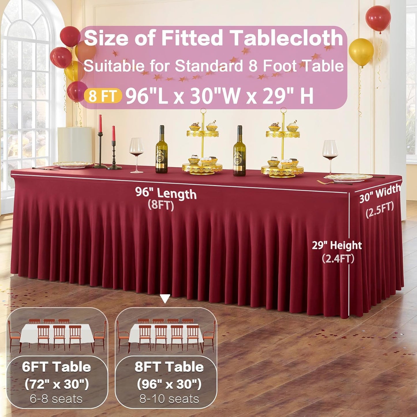 4 Pack Burgundy Spandex Tablecloths for 8 Foot Rectangle Tables, Wrinkle Free Fitted Tablecover 8ft Maroon Stretchy Table Clothes with Skirt for Weddings Birthday Party Banquet Baby Shower