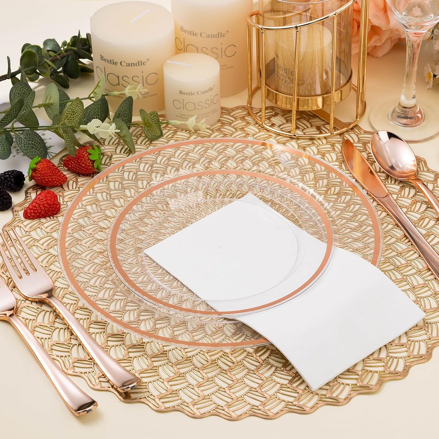 200PCS Rose Gold and Clear Plastic Plates, Rose Gold Disposable Plate Set with 100 Dinner Plates and 100 Dessert Plates for Party