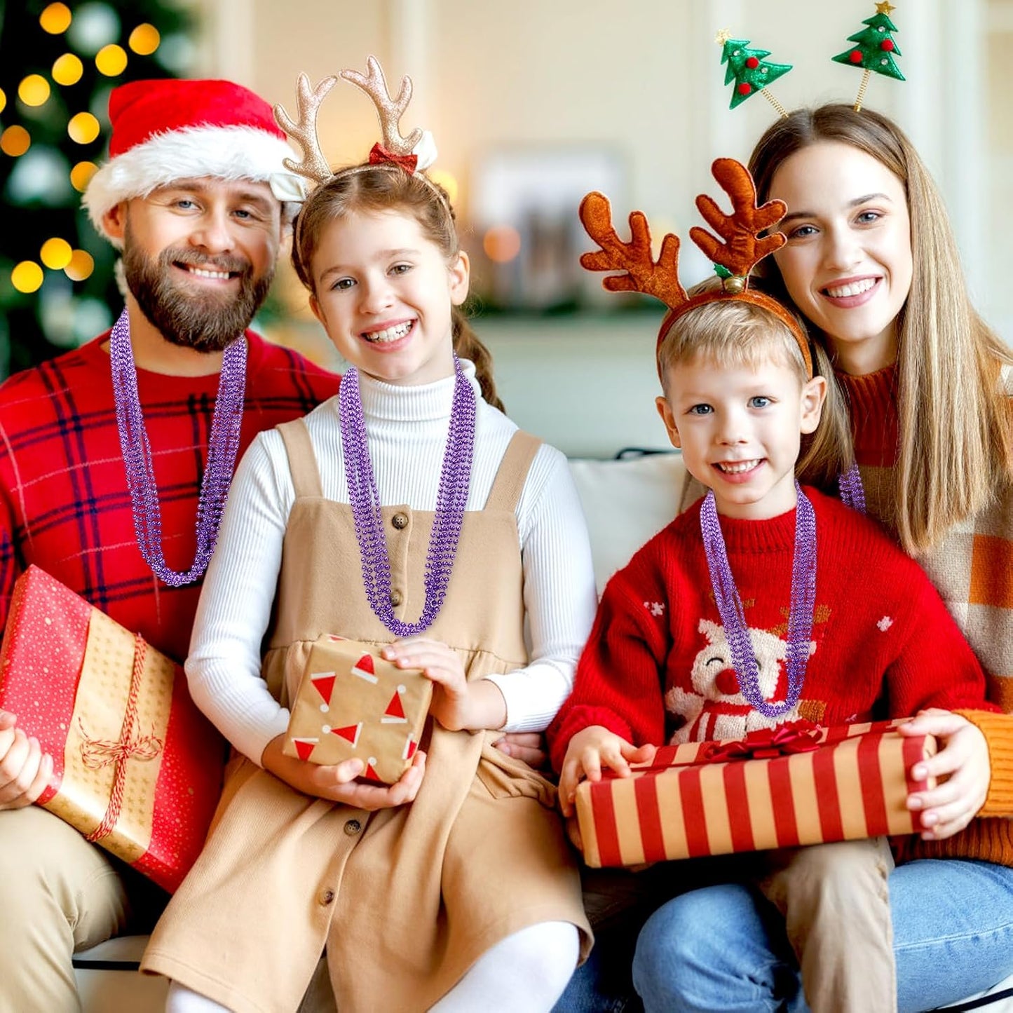 48 Pack Mardi Gras Beads Necklaces, 33 Inch Plastic Beads for Party Favors, Festival Decorations, Parade Throws, Christmas, St. Patrick's Day Celebrations