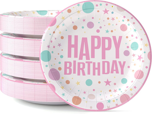 Exquisite Pink Happy Birthday Plates 9" Birthday Paper Plates 100 Pcs Pink Party Plate | Disposable Heavy Duty 350 Gsm Disposable Plate For Party Supplies And Decorations