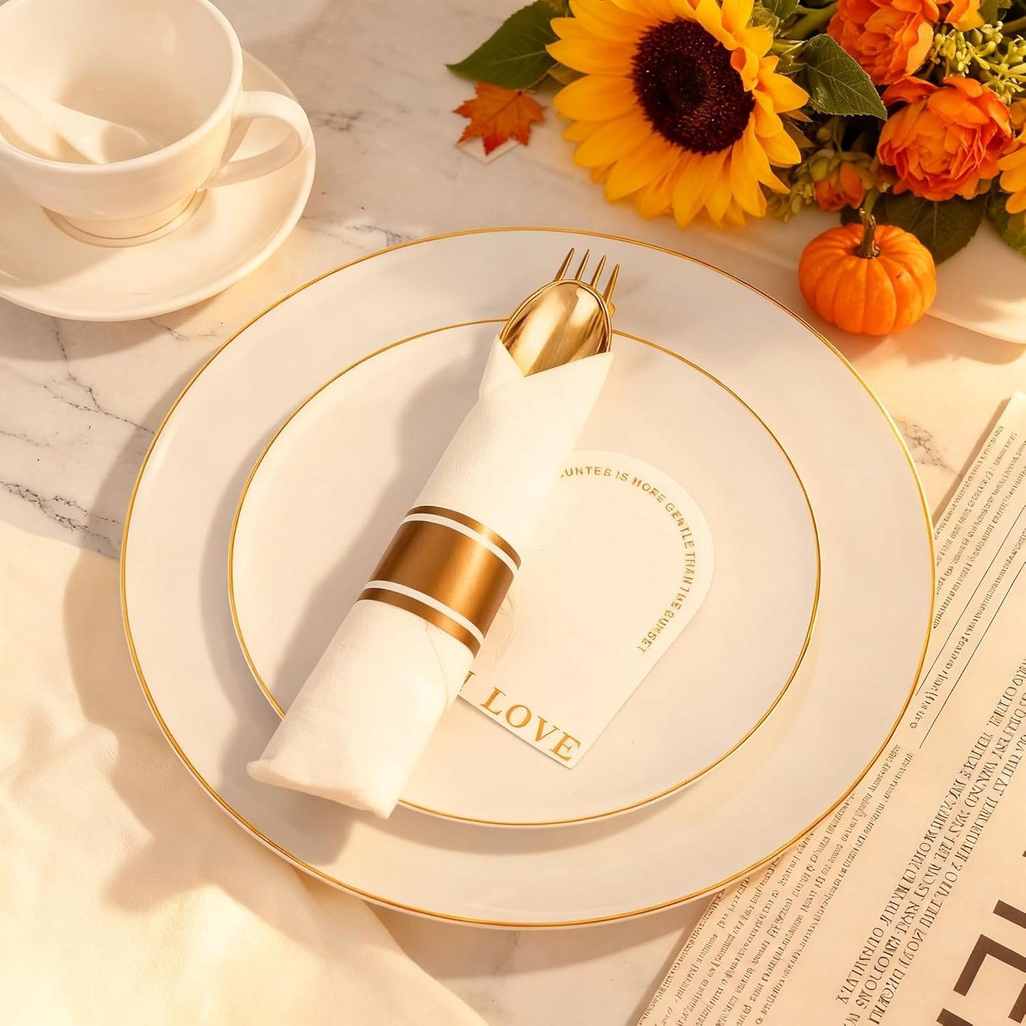 KIRE 175PCS Gold Plates Disposable - Heavy Duty White and Gold Plastic Plates Dinnerware Sets - 25 for Dinner 25 for Dessert 25 Pre Rolled Napkins and 25 Cups for Birthday/Thanksgiving Party/Wedding