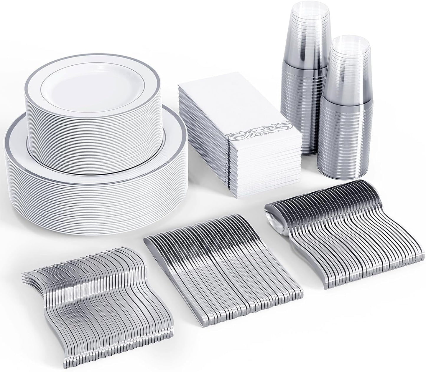 FOCUSLINE 350 Ct Disposable Dinnerware Set for 50 Guests -Heavy Duty Plastic Plates with Silver Rim, Includes 50 Dinner & Salad Plates, Cups, Napkins, Cutlery Set