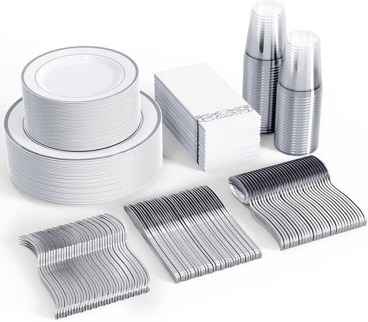 FOCUSLINE 350 Ct Disposable Dinnerware Set for 50 Guests -Heavy Duty Plastic Plates with Silver Rim, Includes 50 Dinner & Salad Plates, Cups, Napkins, Cutlery Set