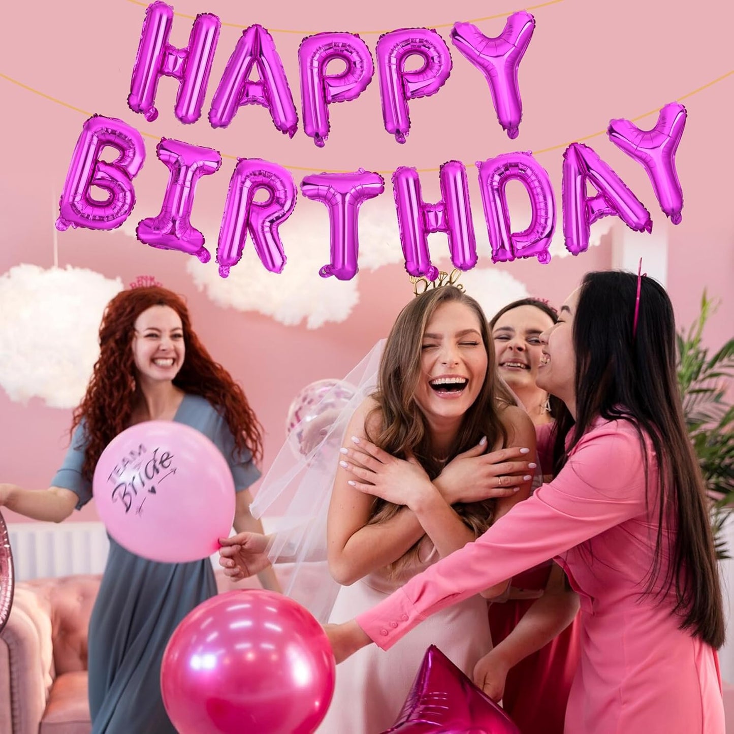 LIOZEOKUN Happy Birthday Balloon Letters 16 inch Mylar Foil Birthday Balloons Banner Sign for Birthday Party Decorations Supplies (Hot pink)