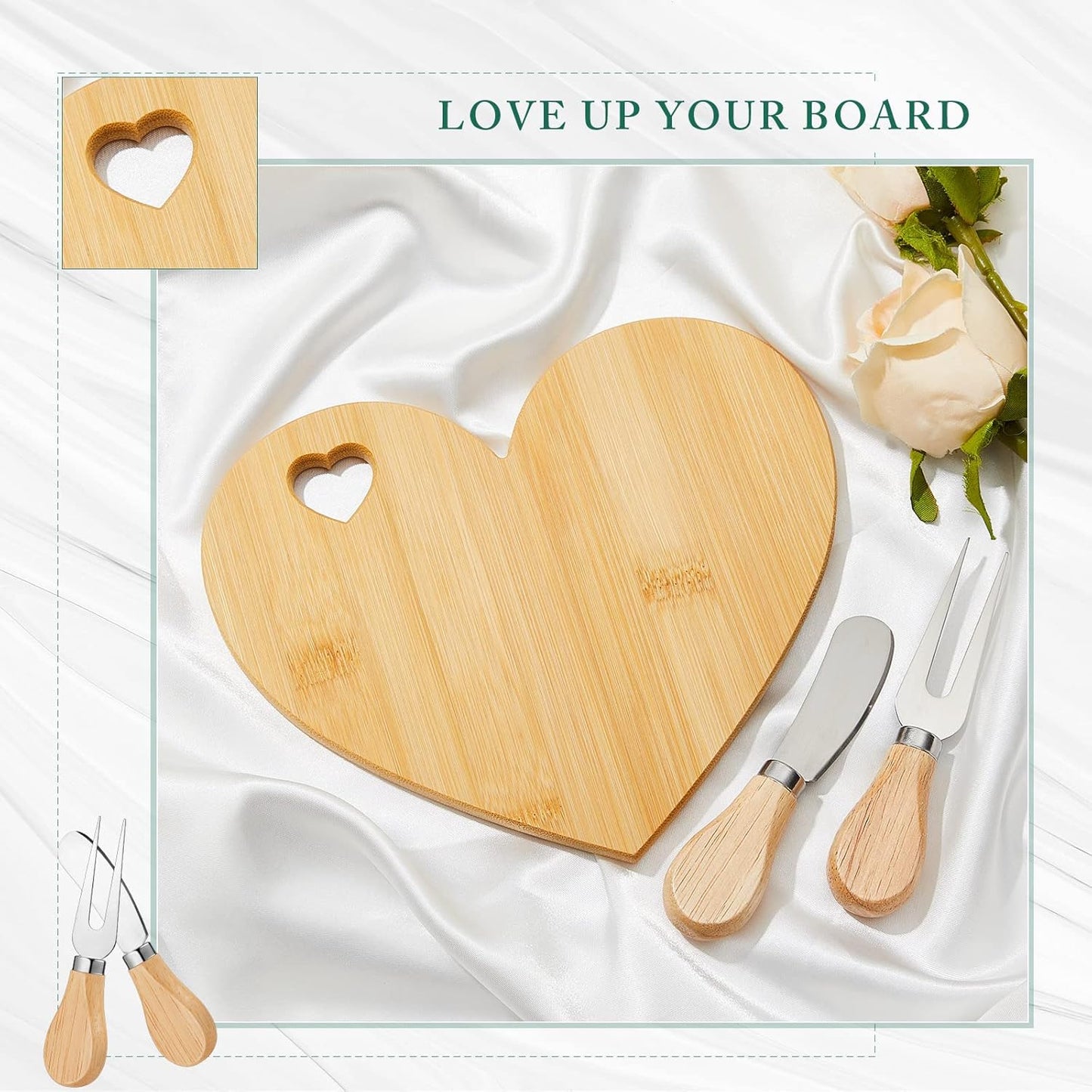 Patelai 4 Set Bridal Shower Favor Heart Cheese Board Cheese Knives Wood Mini Charcuterie Board Thank You Gift Box for Guest Bridal Baby Shower Prize Wedding Birthday Valentines (Bamboo Color)