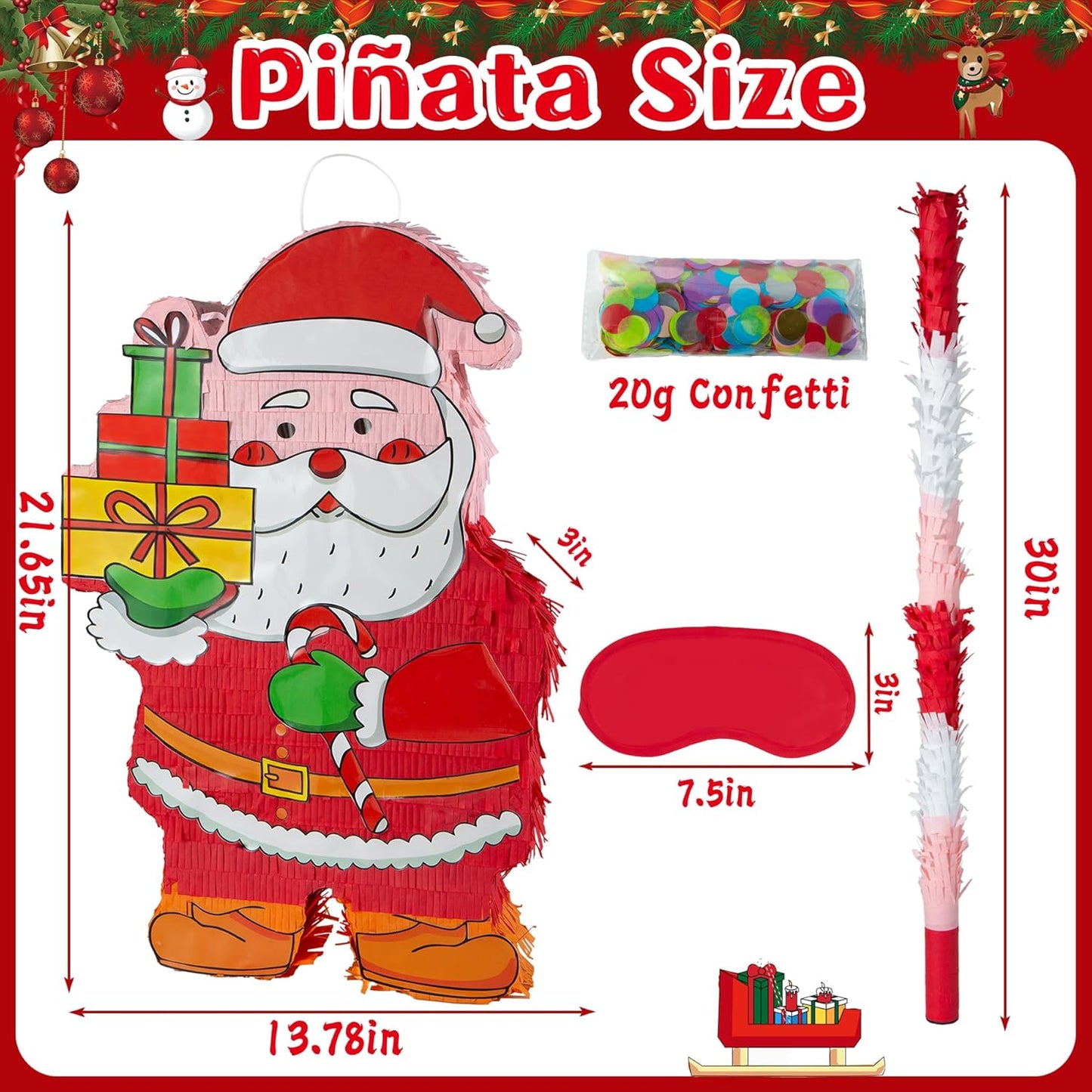 PCFING 21.6 Inch Christmas Santa Claus Piñata with 30 Inch Piñata Stick Blindfold Confetti for Boy Girl Adults Xmas Party Game Decorations