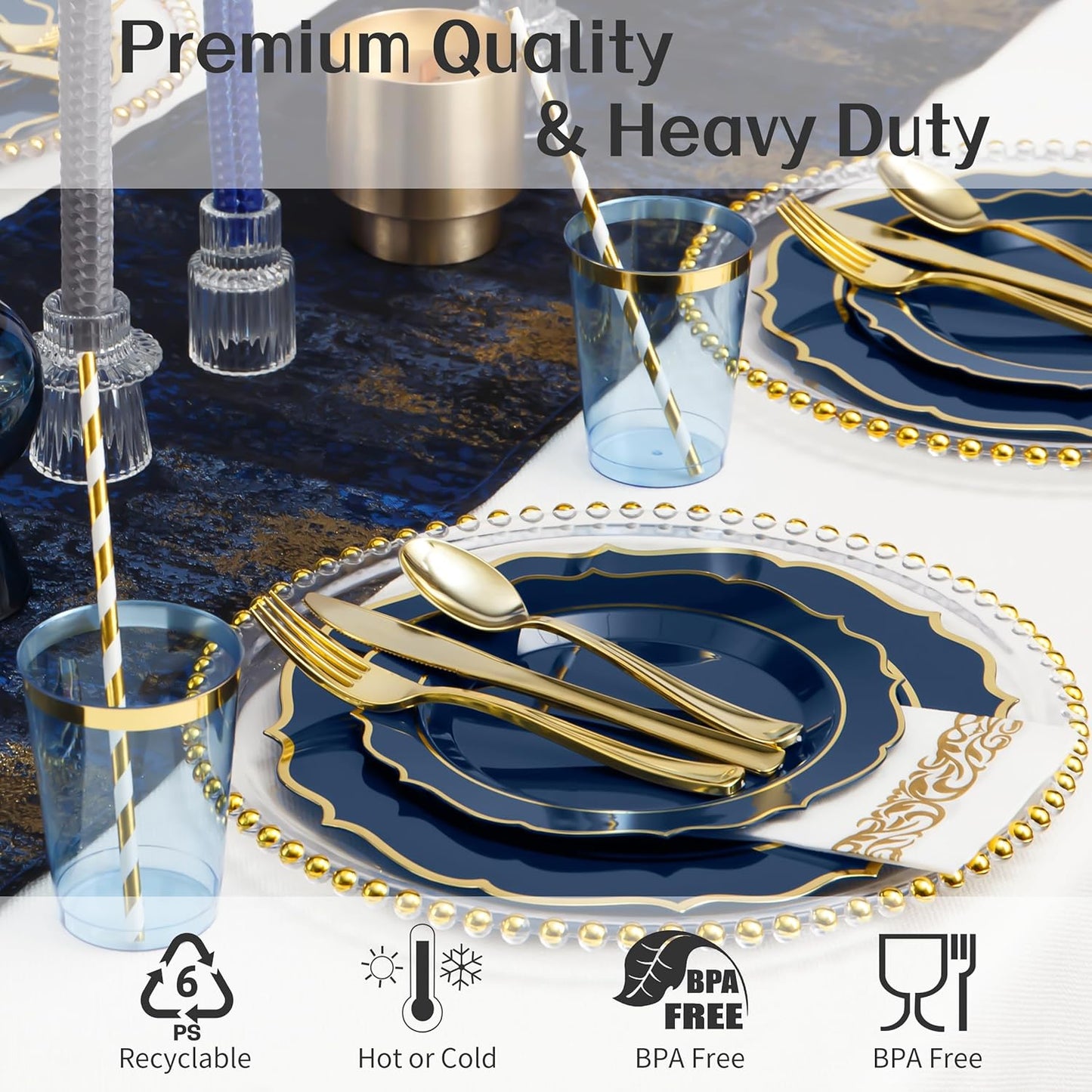 200 PCS Premium Blue Plastic Plates for 25 Guests, Heavy Duty Blue and Gold Disposable Plate, include 25 Plastic Dinner/Dessert Plates, 25 Silverware Set, 25 Cups, Straws for Party Graduation