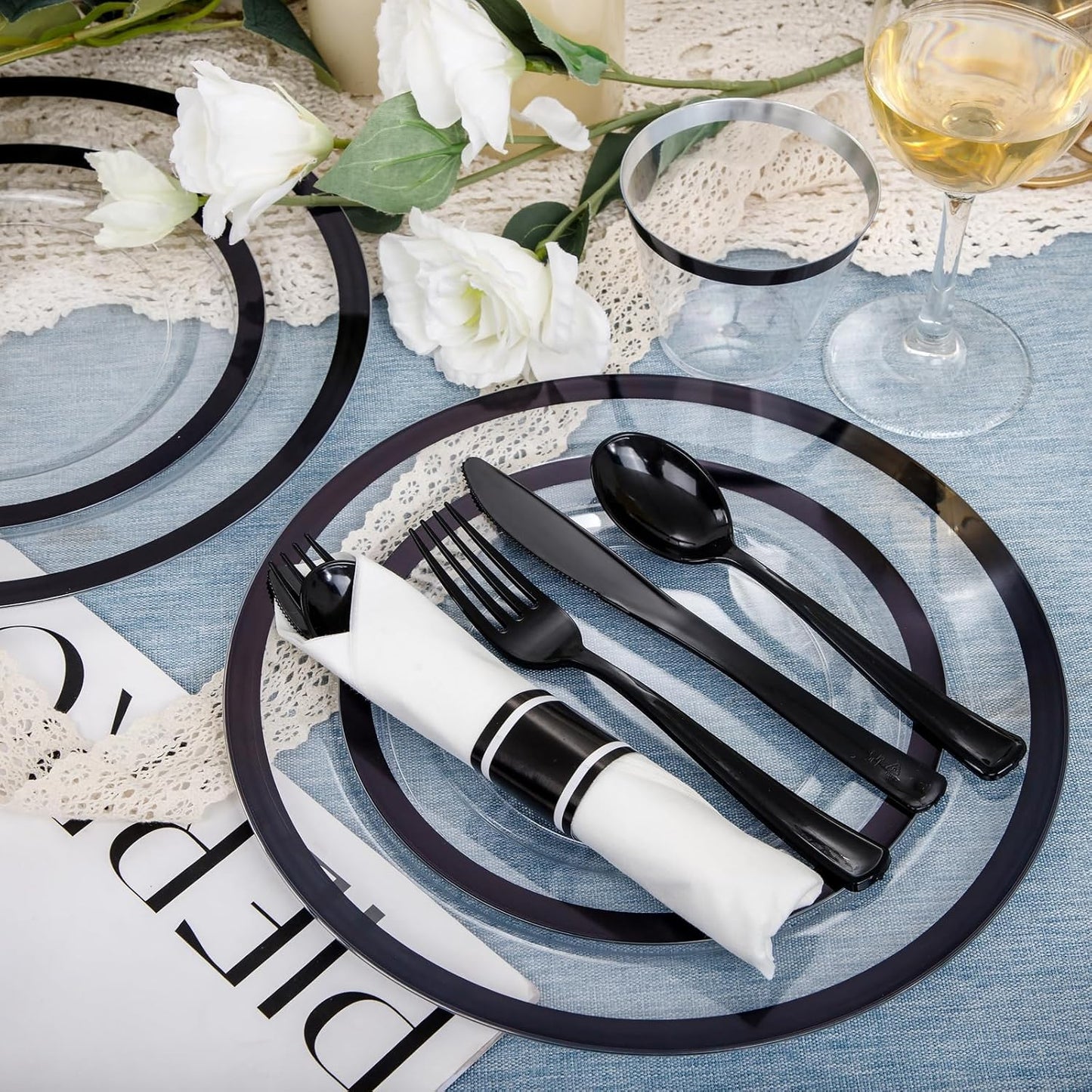 I00000 350 Pcs Clear and Black Plastic Plates,Black Dinnerware Set, Include 50 Dinner and 50 Dessert Plates,50 Plastic Cups,50 Per Rolled Napkins with Cutlery for Party,Wedding,Halloween