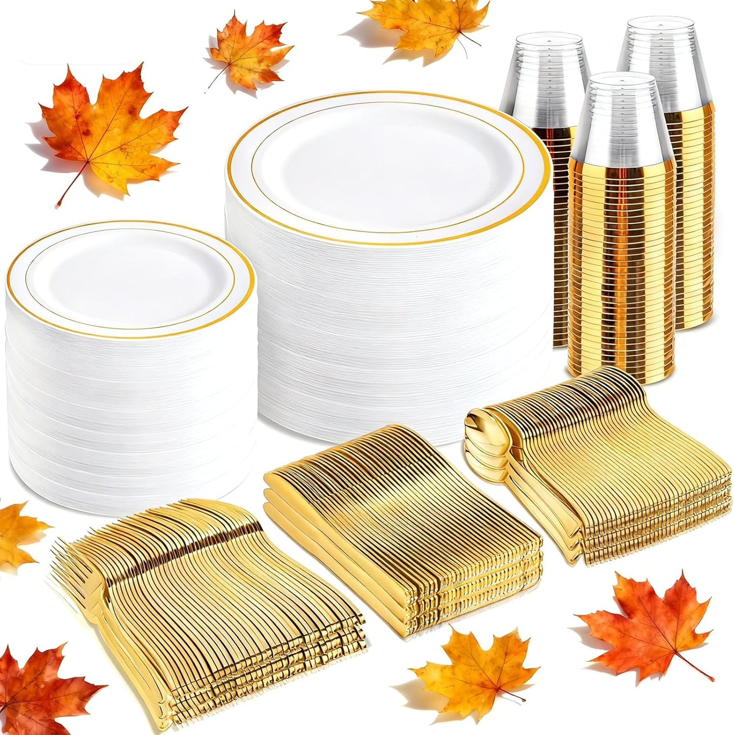 bUCLA 600Pcs White and Gold Plastic Plates - Gold Disposable Dinnerware Set for 100 Guests Include 100 Dinner & 100 Dessert Plates, 100 Cups, 100 Forks, 100 Spoons, 100 Knives for Thanksgiving