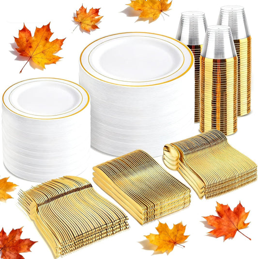 bUCLA 600Pcs White and Gold Plastic Plates - Gold Disposable Dinnerware Set for 100 Guests Include 100 Dinner & 100 Dessert Plates, 100 Cups, 100 Forks, 100 Spoons, 100 Knives for Thanksgiving