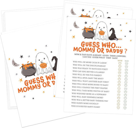 Halloween Mommy or Daddy Baby Shower Game, 30 Halloween Gender Reveal Games for Guests, 5x7 inch, Perfect for Neutral Gender Reveal Decorations Party Favors Supplies