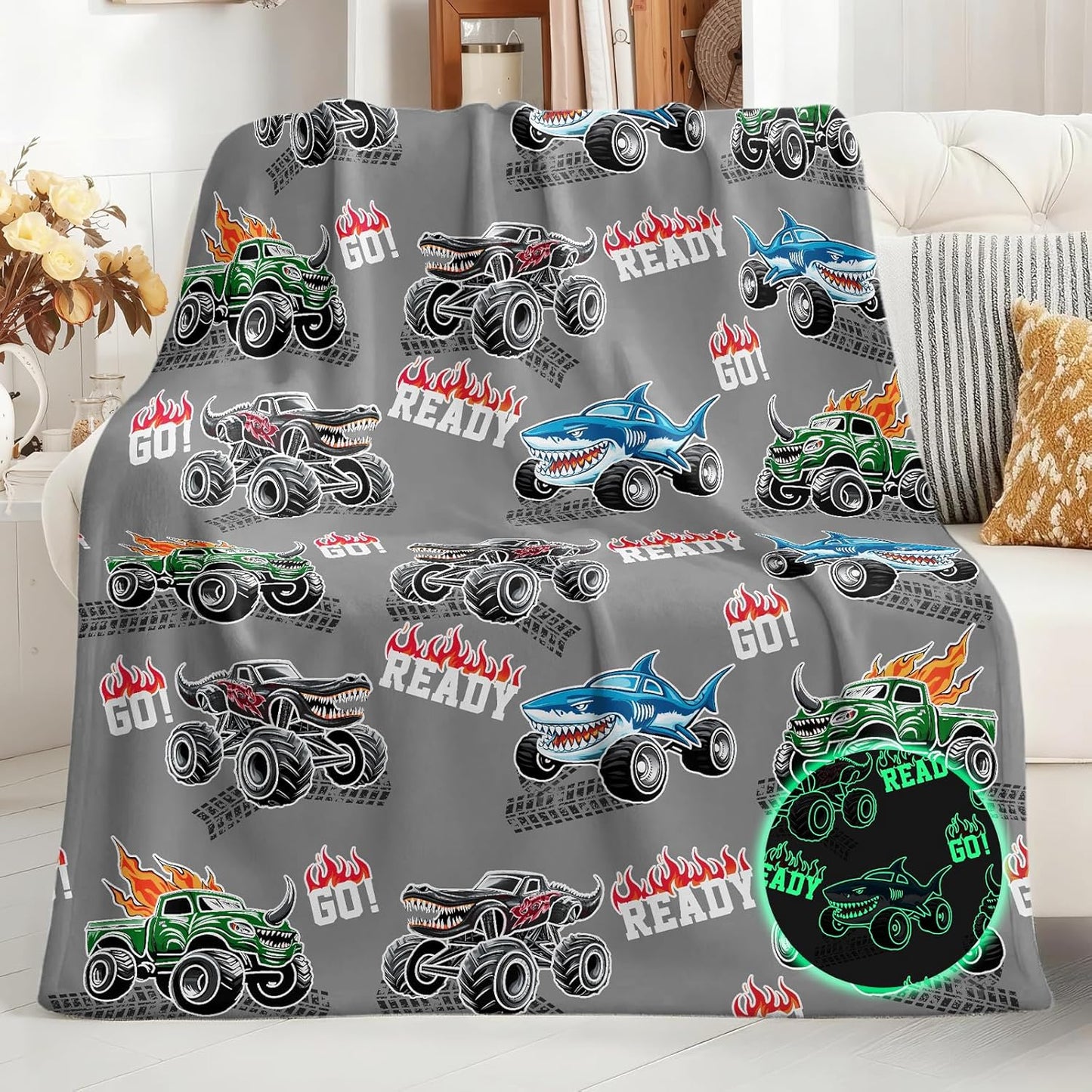 Jekeno Truck Shark Glow in The Dark Blanket Gifts for Kids Boys Girls Teens Birthday Christmas Halloween Excavator Construction Tractor Car Throw Age 1-16 Years Old Toddlers Room Decor Grey 50"x60"